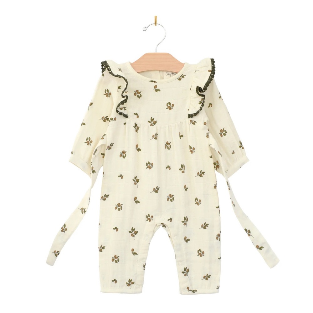 CITY MOUSE Muslin Long Flutter Romper - Olive Tree - 0-3M